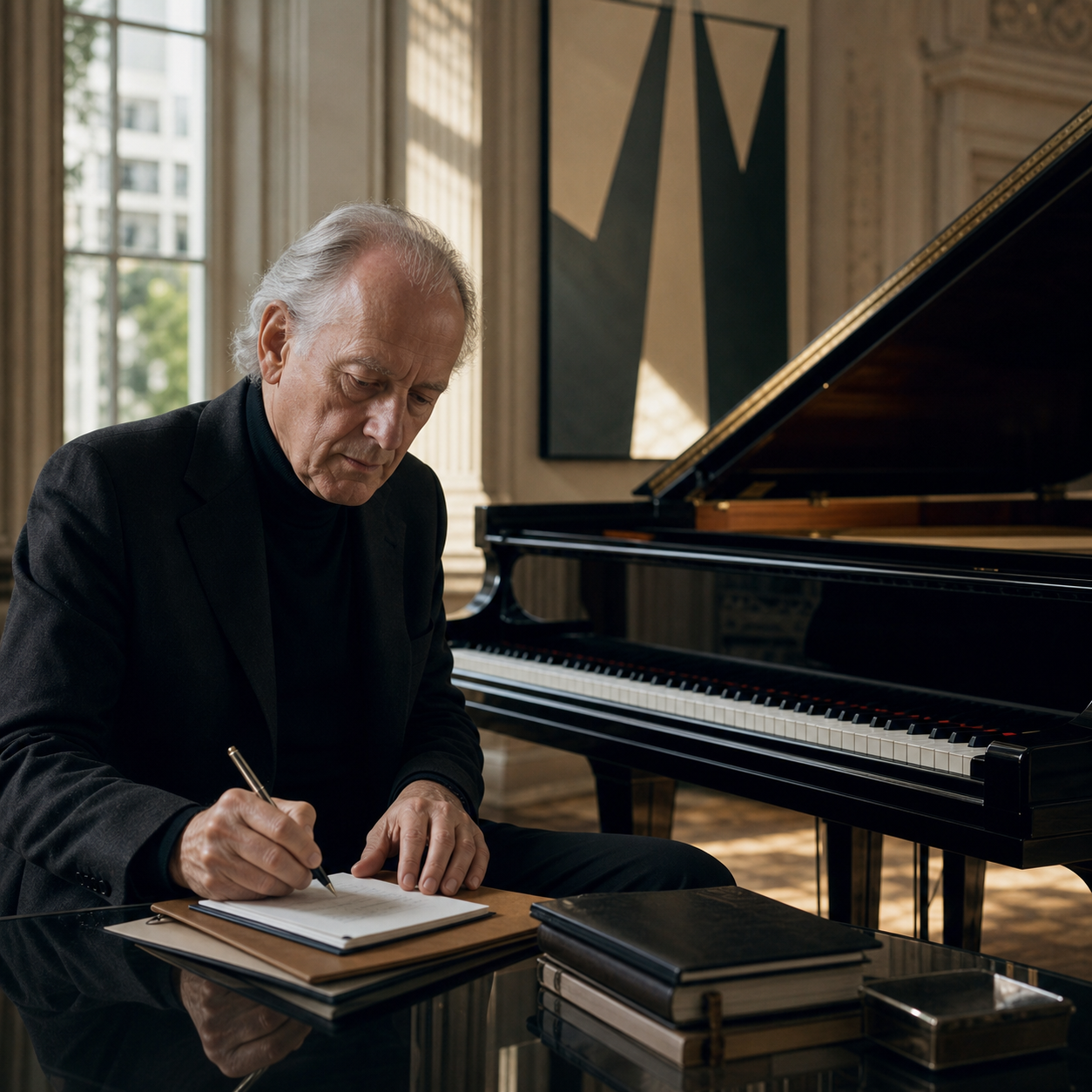Maurizio Pollini as composer interpreter represented by a pianist writing beside a complete grand piano