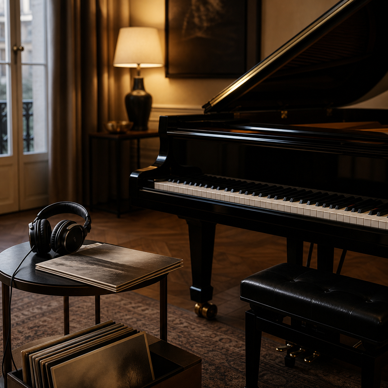 Maurizio Pollini recorded highlights represented by headphones and a complete grand piano in a London room