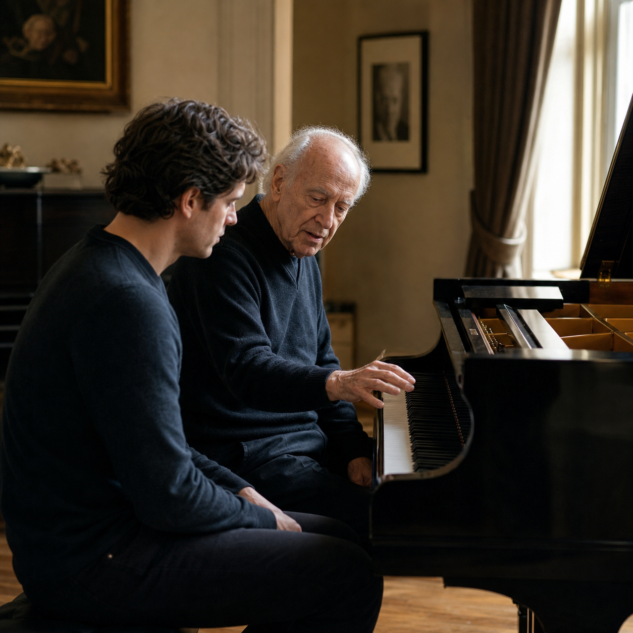 Maurizio Pollini serious listening guide shown through adult piano study beside a complete grand piano