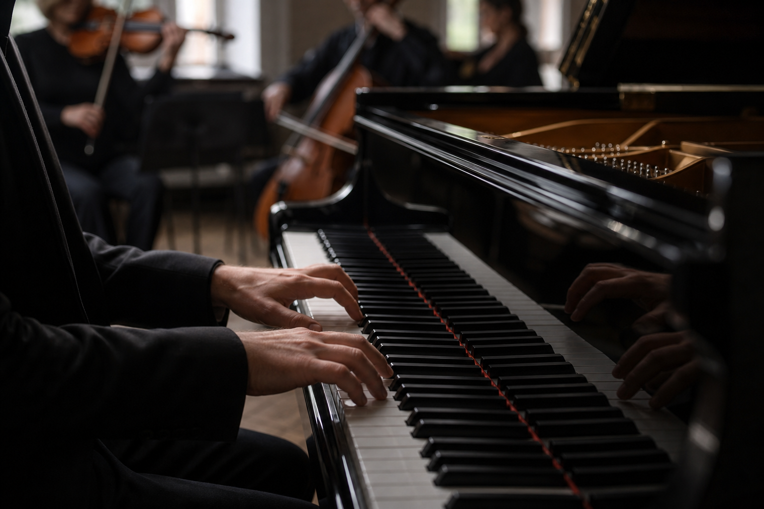 London recital hall with grand piano evoking Mitsuko Uchida performance culture