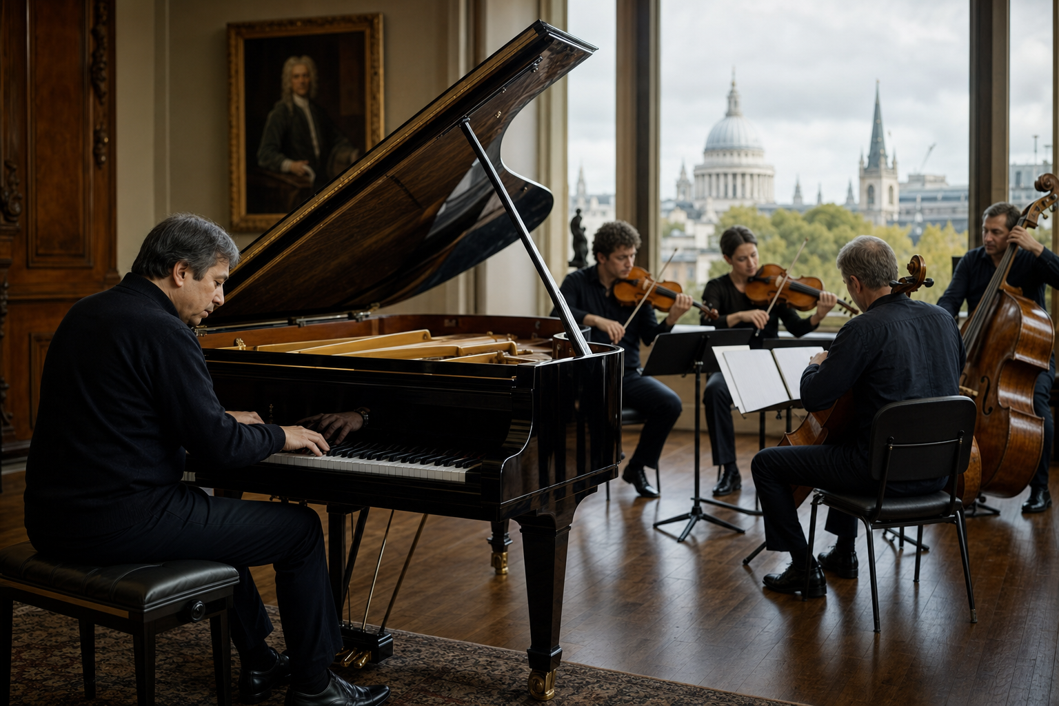 Murray Perahia career and UK connections suggested by chamber musicians around a grand piano