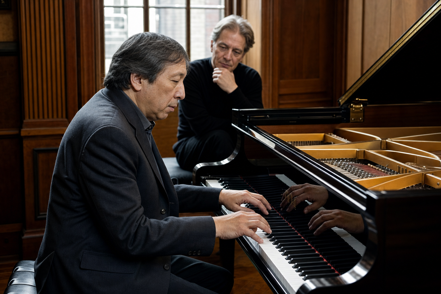 Pianist shaping Murray Perahia-style Mozart and Schumann interpretive voice at a grand piano