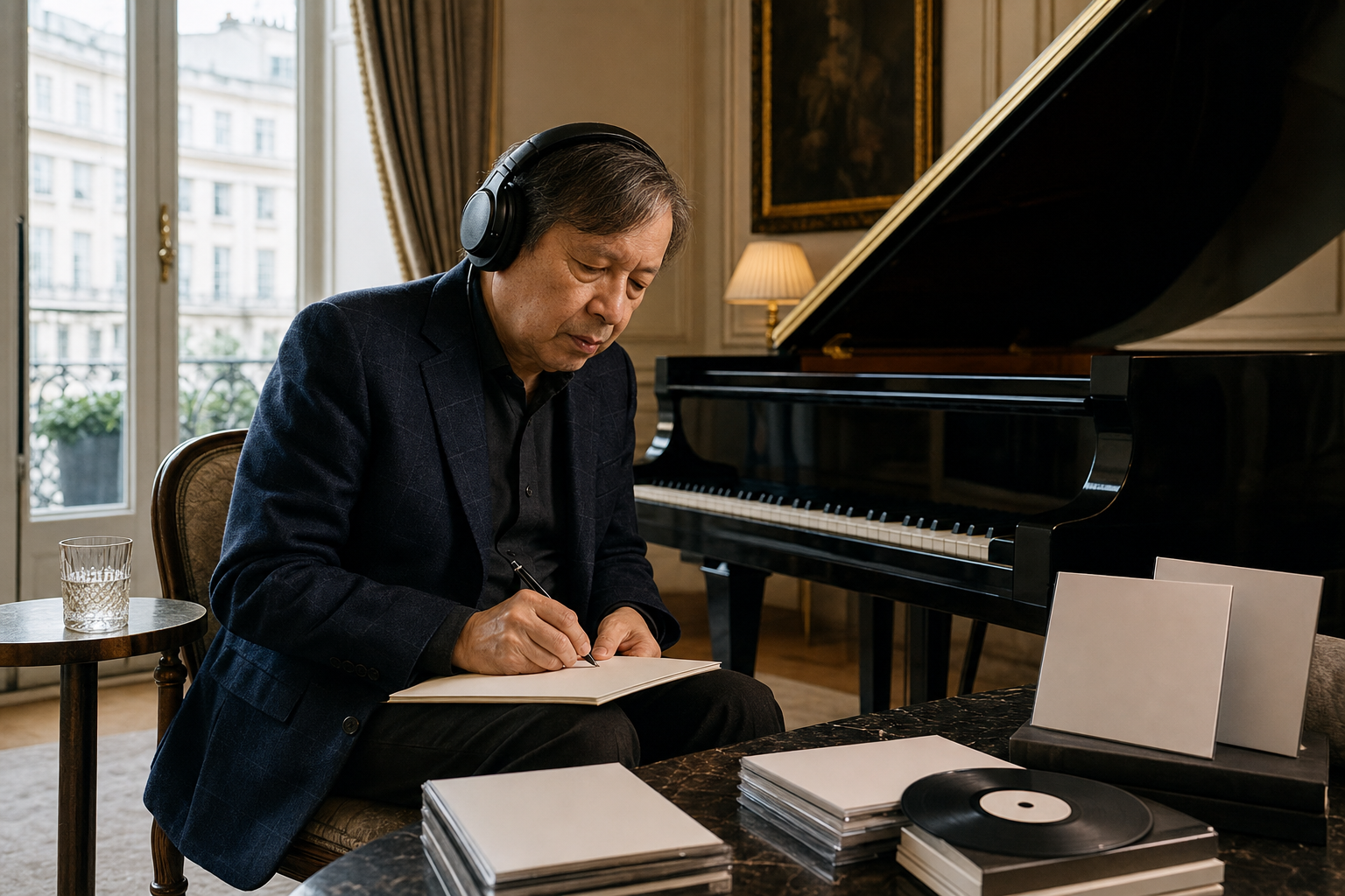 Serious Murray Perahia listening guide with headphones, blank recordings and grand piano