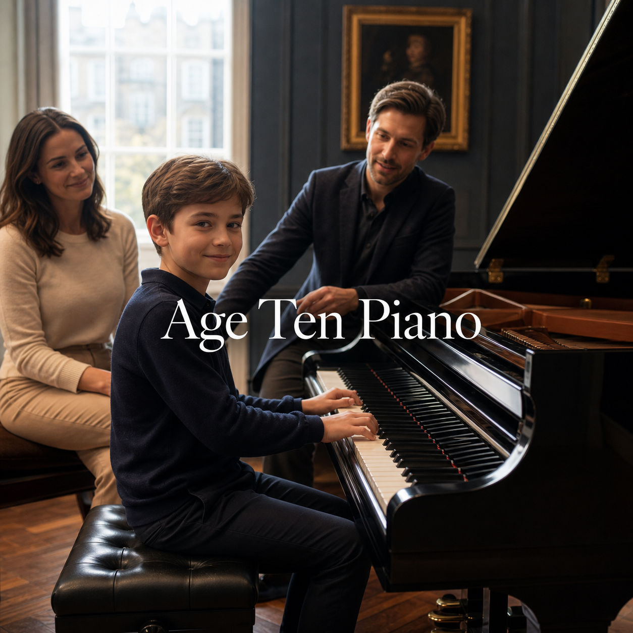 Piano lessons for 10 year olds with a confident child, parent and teacher at a grand piano