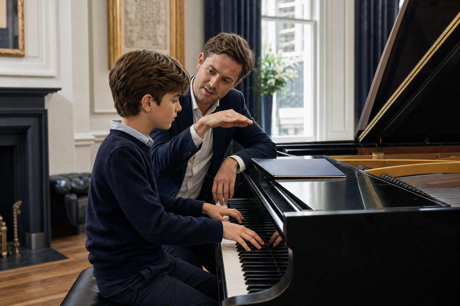 Ten year old piano pupil working on progress milestones with a teacher