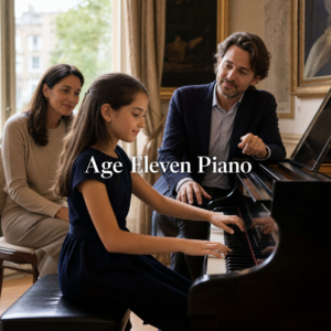 Piano lessons for 11 year olds with a confident pre-teen pupil, parent and teacher at a grand piano