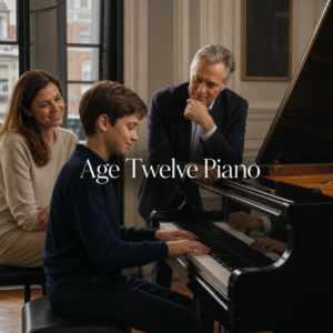 Piano lessons for 12 year olds with a confident child, parent and teacher at a grand piano