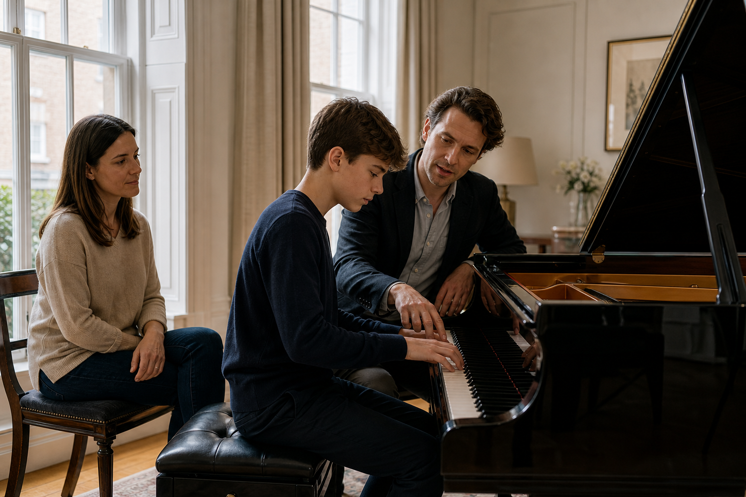 Twelve year old piano pupil working on healthy technique and expressive touch