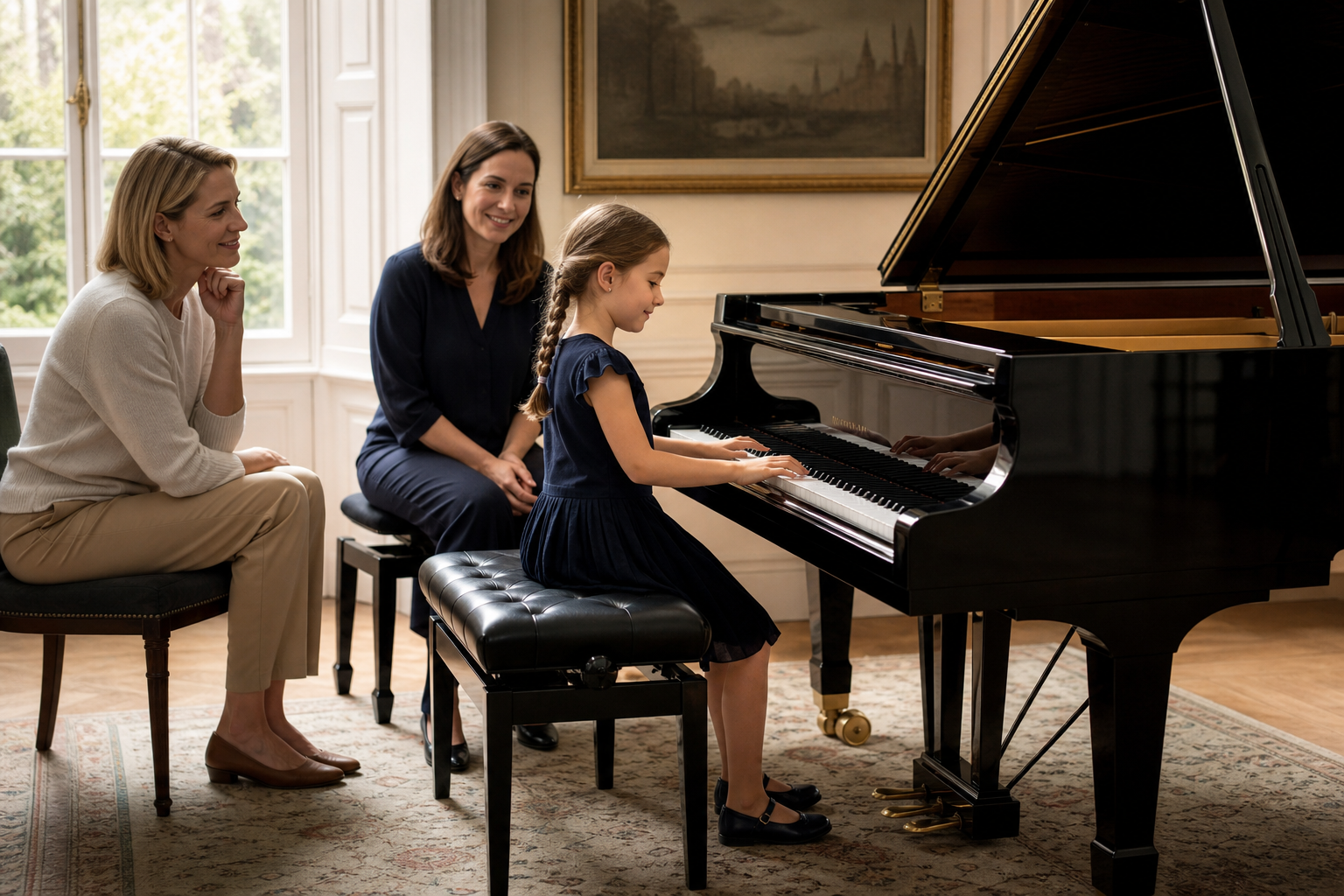 First Music Lesson for a Child Pianist Young piano learner preparing confidently in a small London studio with teacher and parent support