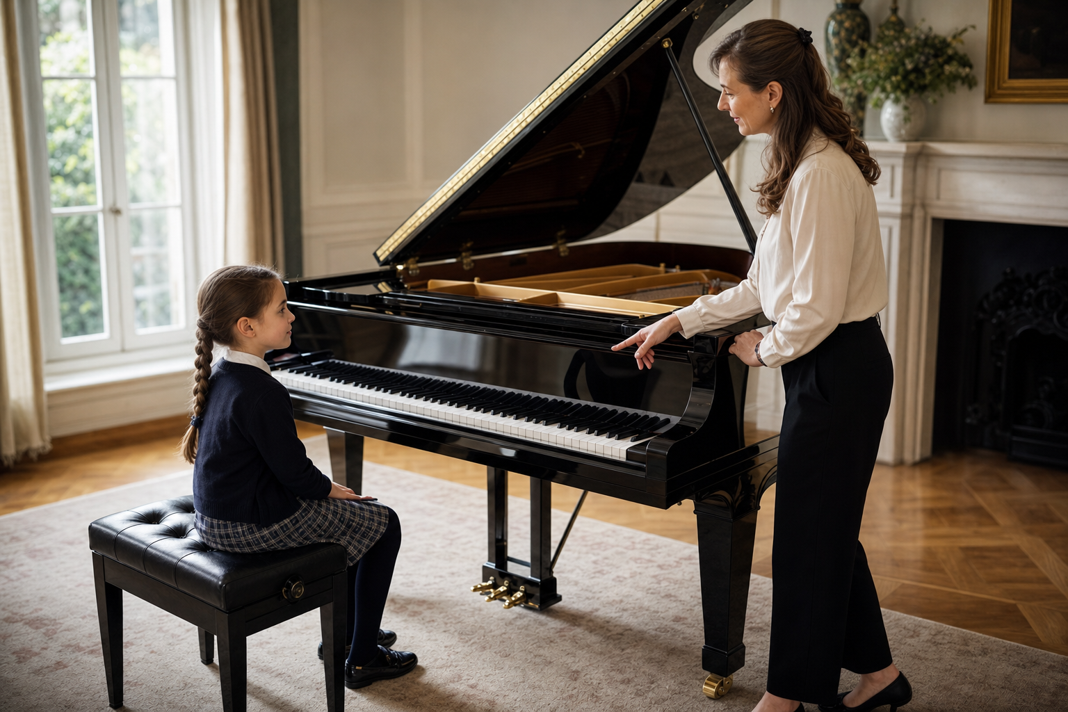 Age Seven Keyboard Practice Seven-year-old beginner having a calm first piano lesson with a teacher in London