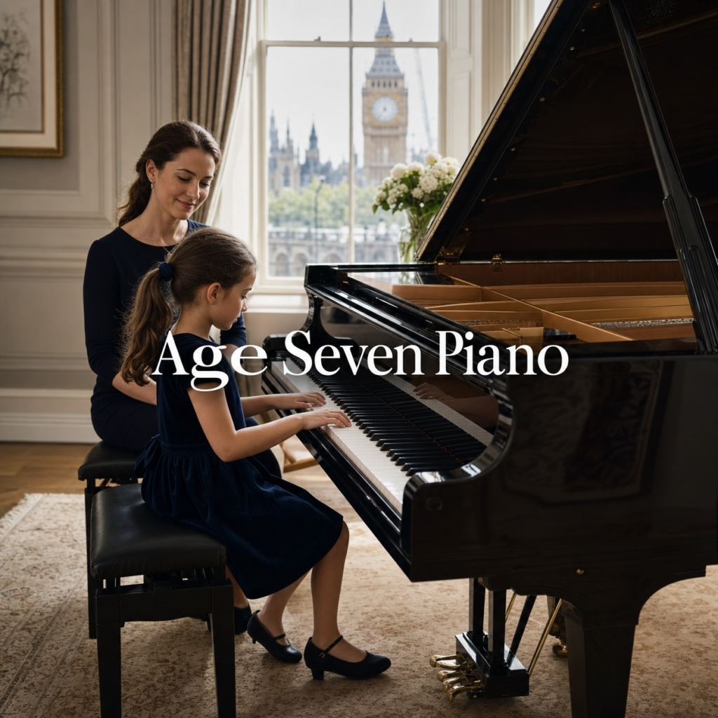 Piano lessons for 7 year olds hero image with child at grand piano and centred Age Seven Piano title