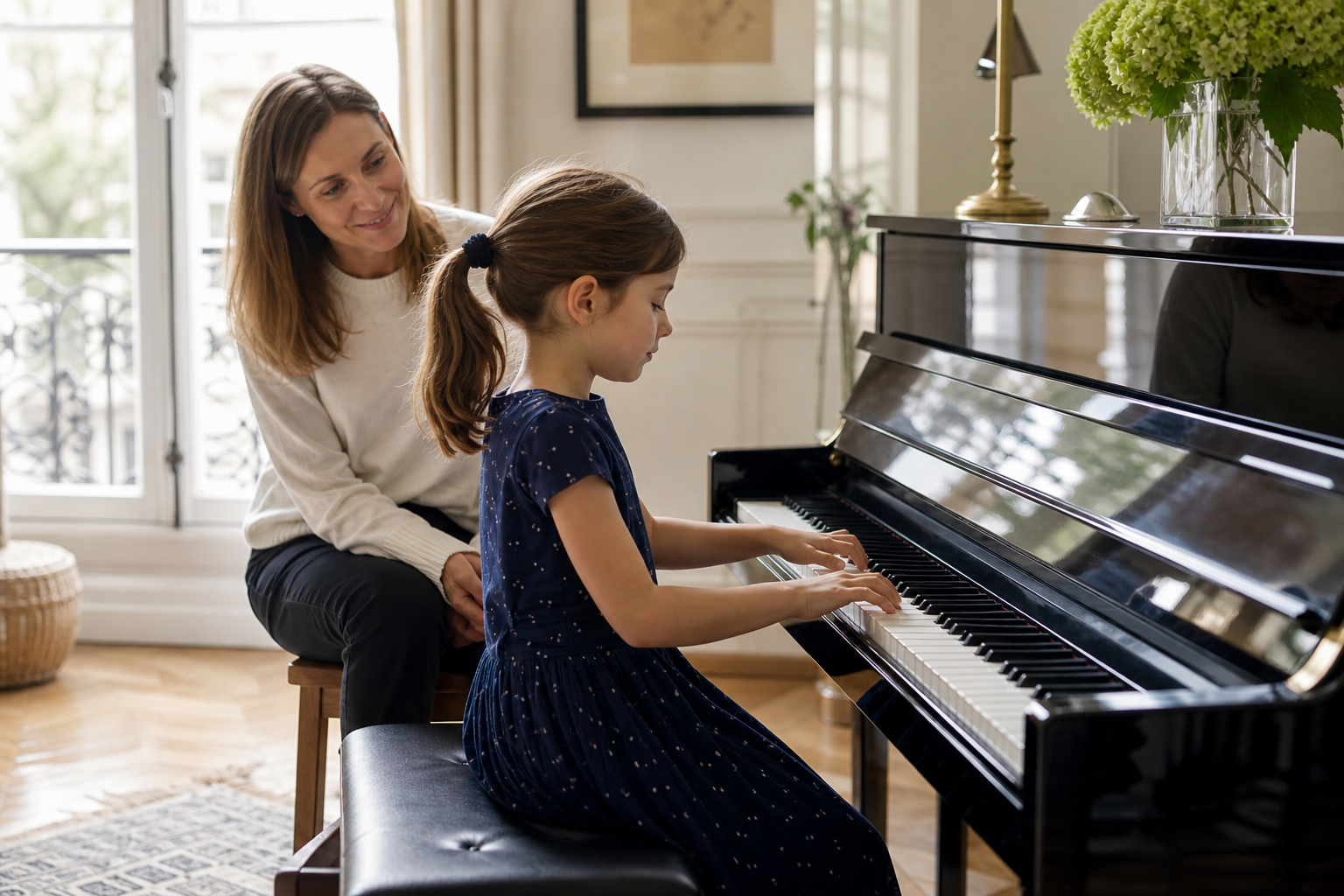 Age Seven Piano Practice Hands Seven-year-old child practising piano at home with a supportive parent nearby
