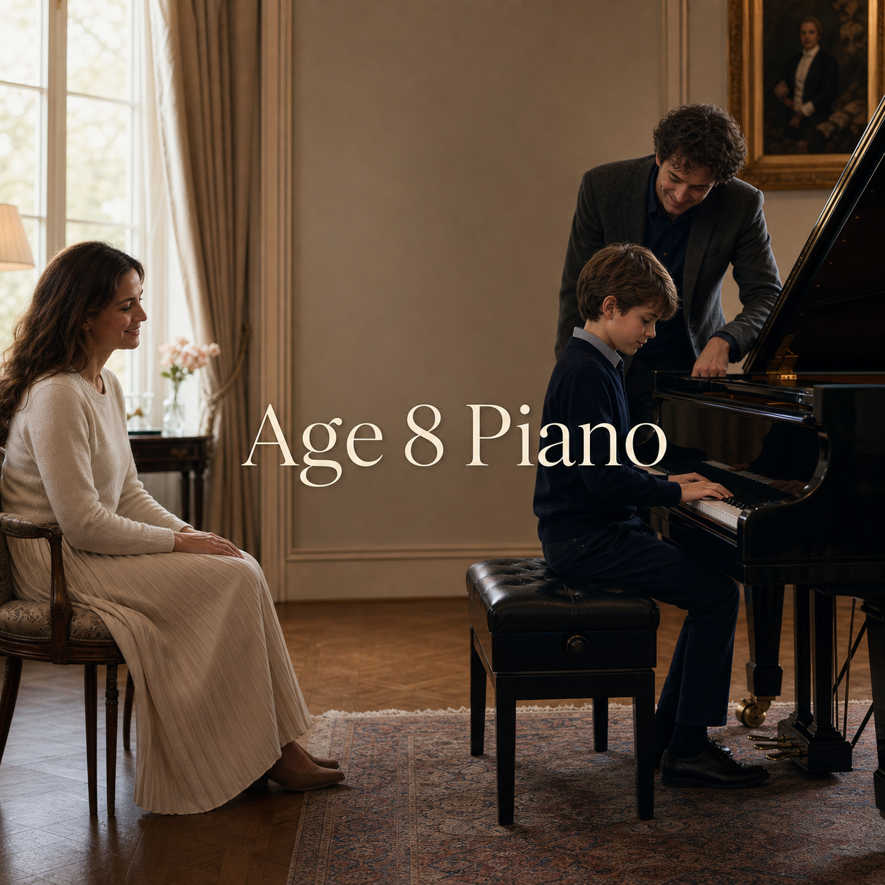 Piano lessons for 8 year olds with a child, parent and teacher at a grand piano
