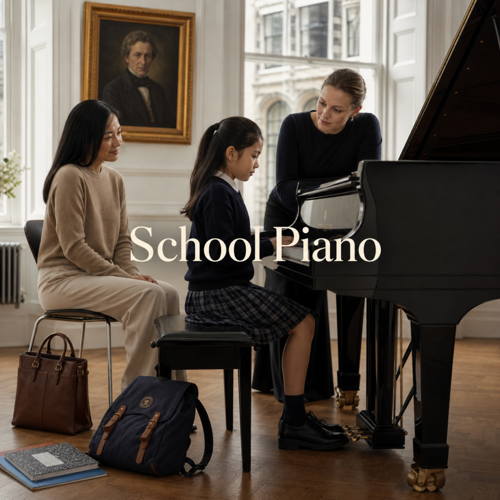 Piano lessons for school children with a child, parent and teacher at a grand piano
