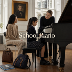 Piano lessons for school children with a child, parent and teacher at a grand piano