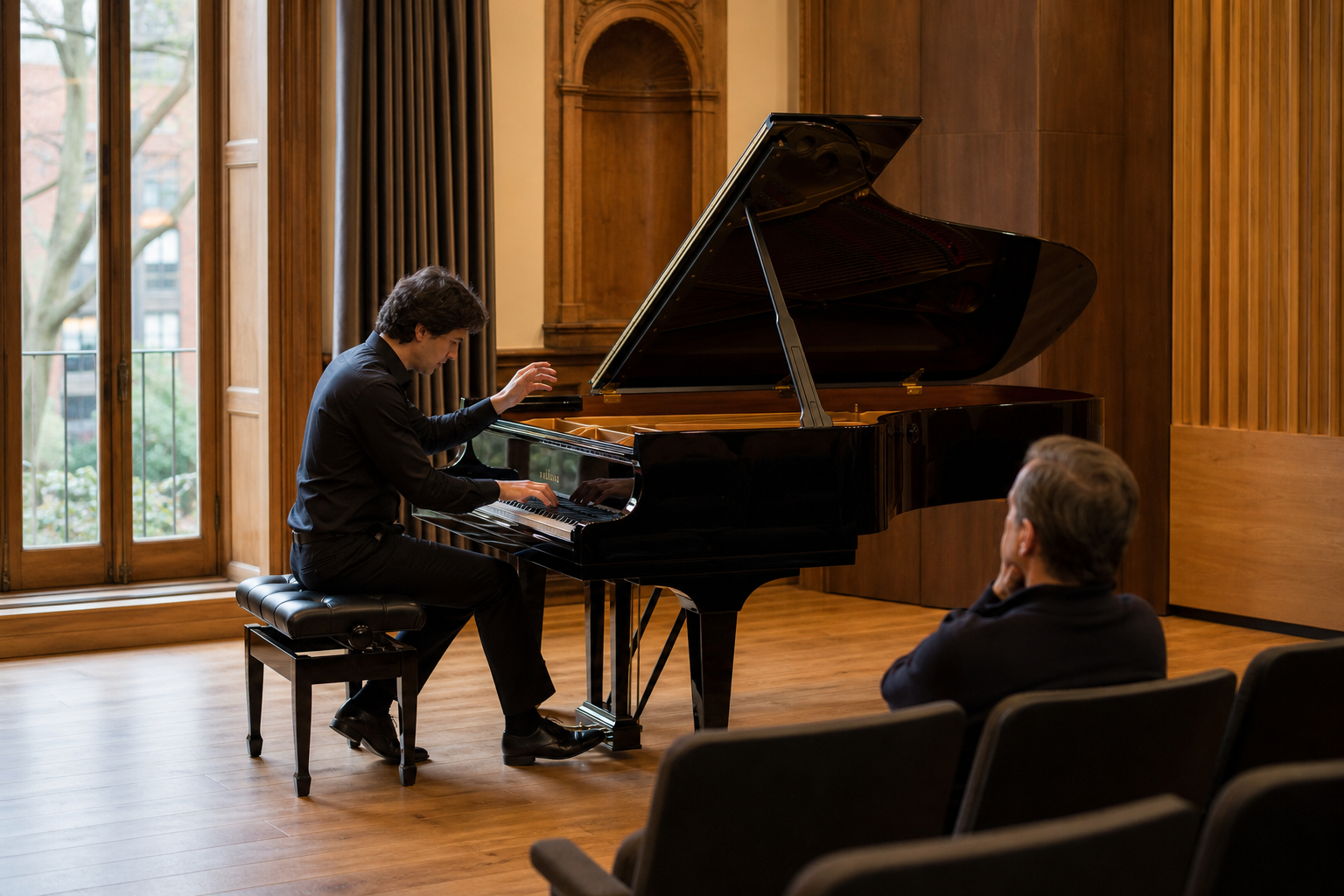 Pianist testing voicing projection and resonance in a London recital room