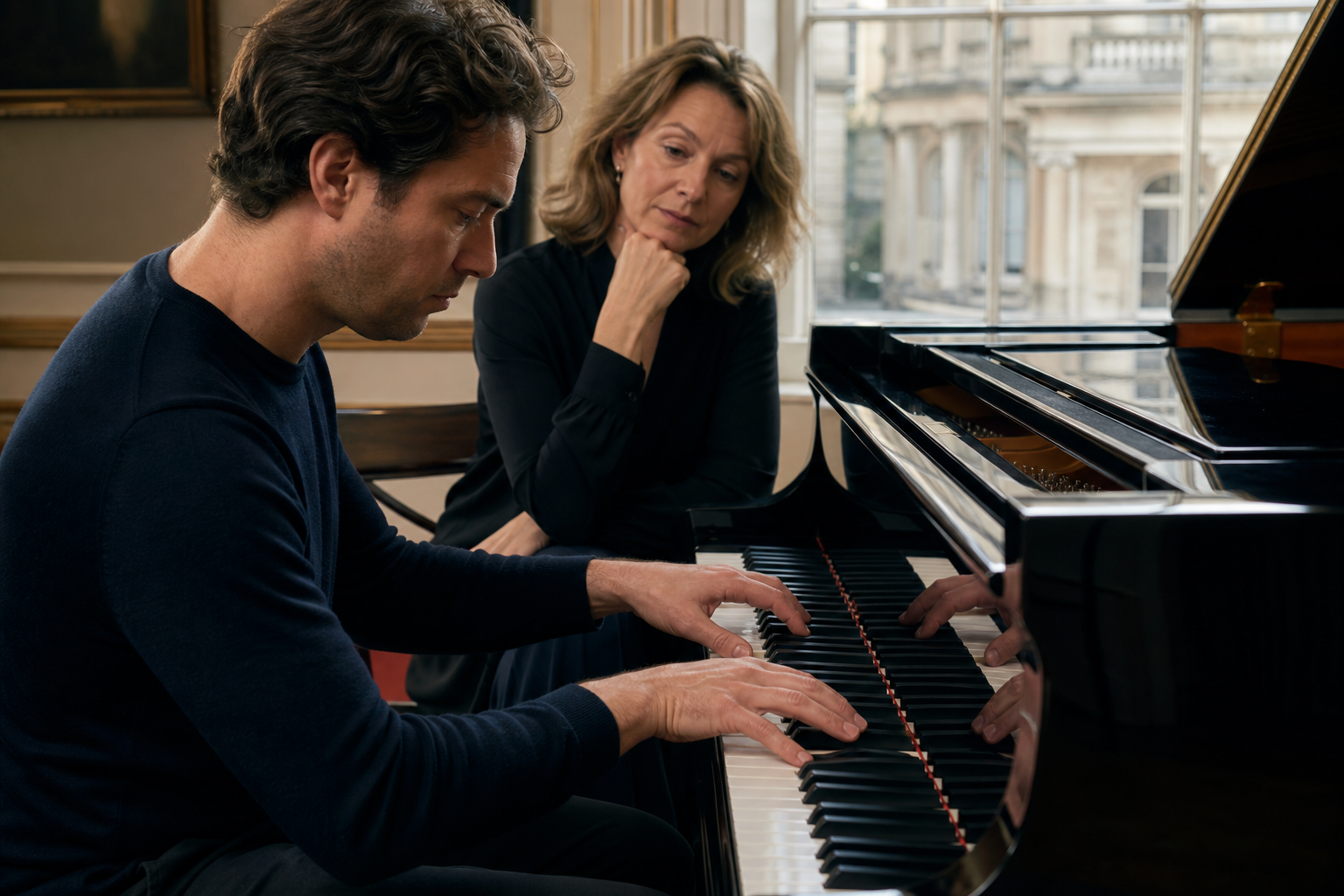 Piano teacher listening as a pianist shapes melody colour and inner lines