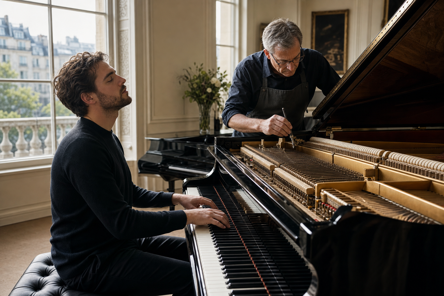 Pianist and technician comparing performer and piano technician voicing at a grand piano