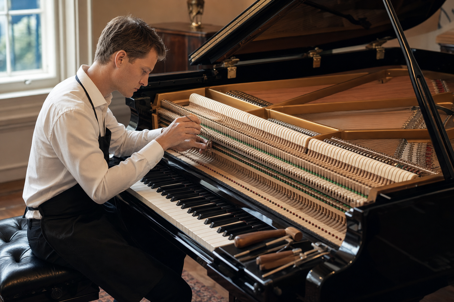 Piano technician working on grand piano hammer voicing and regulation