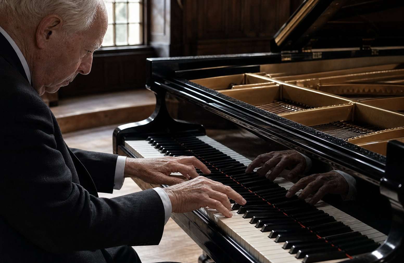 Credible pianist hands at a complete grand piano for Rudolf Serkin Beethoven listening guidance