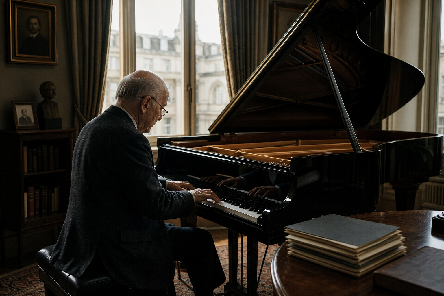 Serious pianist image at a grand piano for Rudolf Serkin biography and career milestones