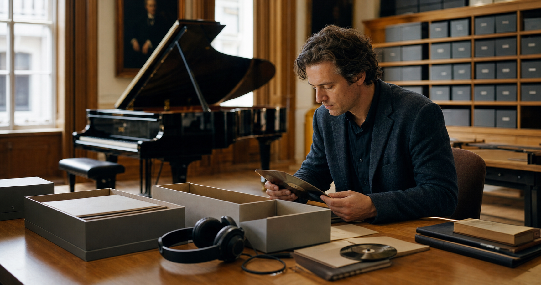 London music archive reading room with grand piano for researching Rudolf Serkin recordings and concert programmes