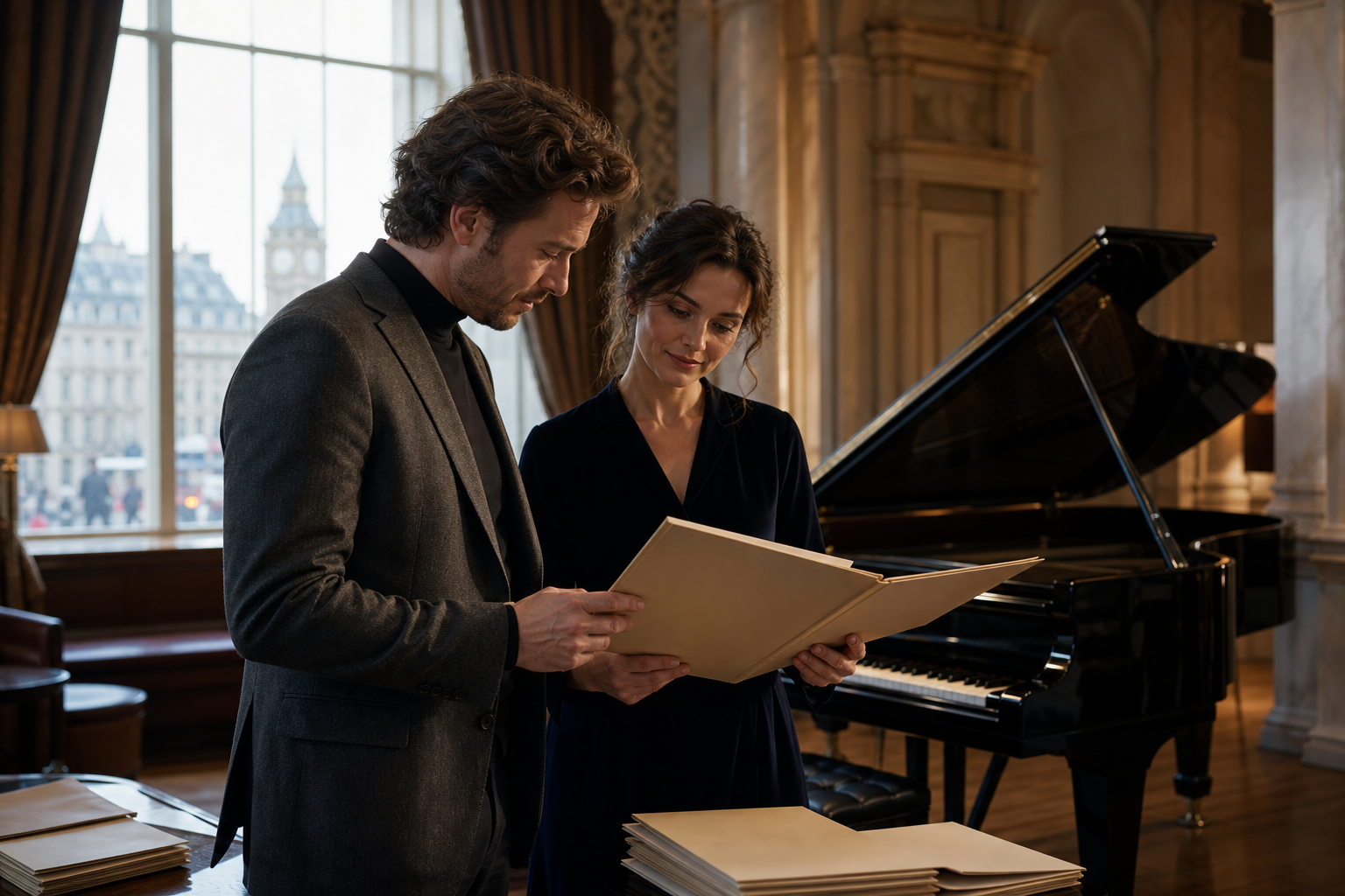London classical music researchers discussing historic piano reception beside a grand piano