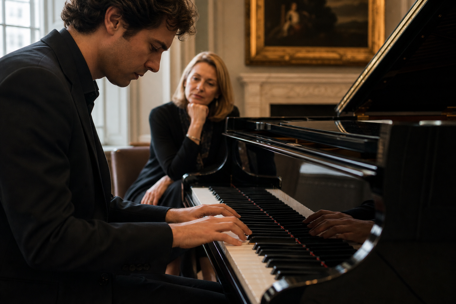 Pianist shaping Beethoven and Brahms tone at a complete grand piano