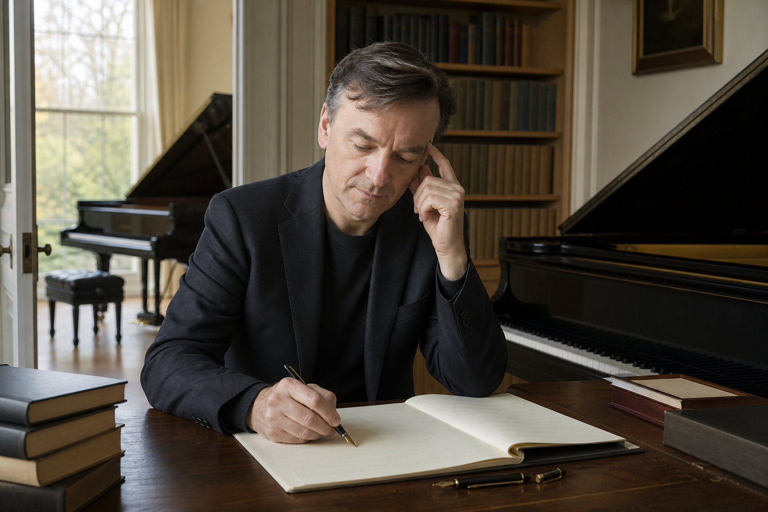 Stephen Hough as composer and writer represented by a pianist writing beside a complete grand piano