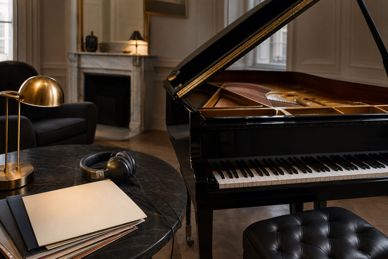 Stephen Hough recorded highlights represented by headphones and a complete grand piano in a London room