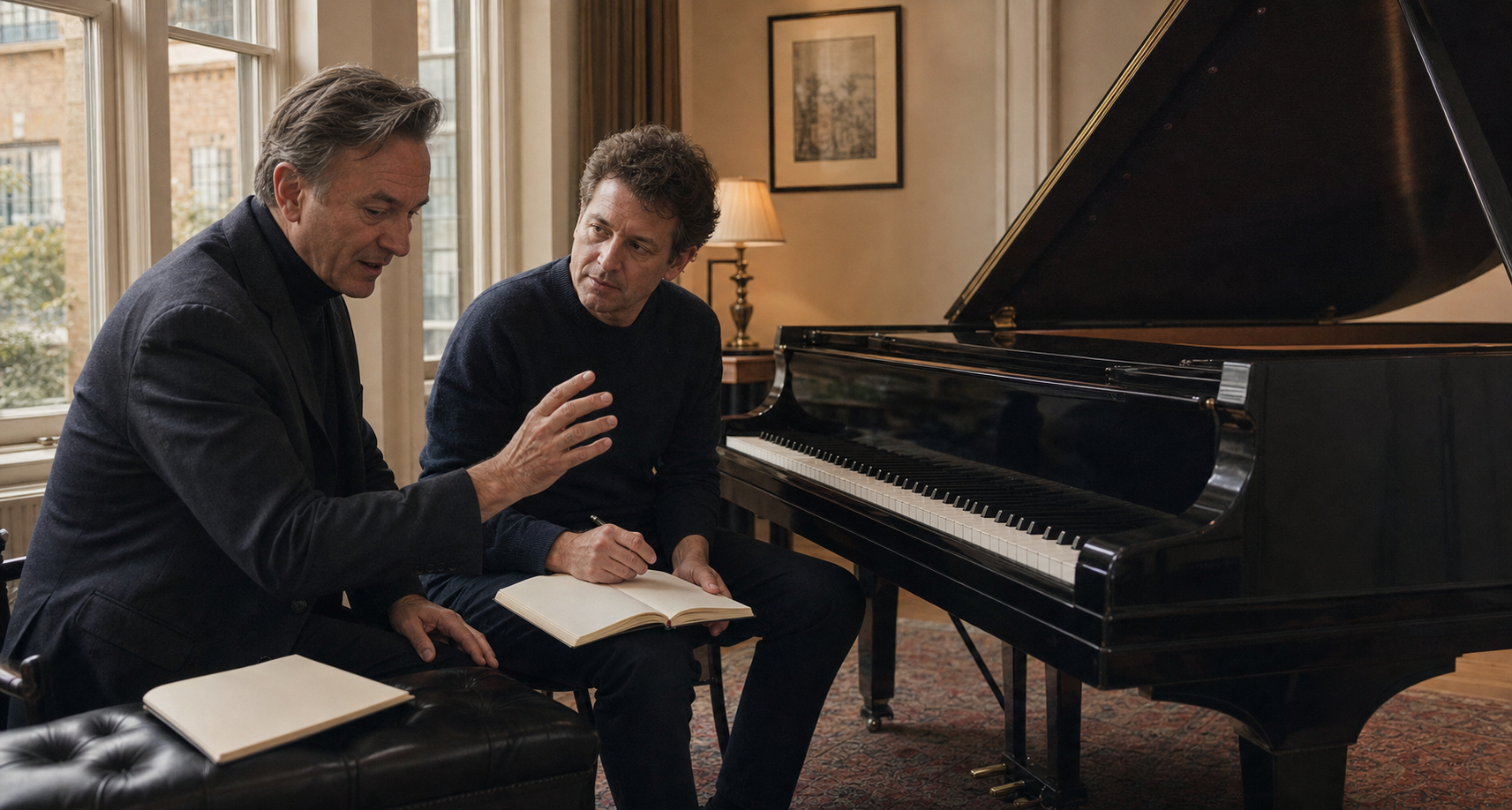 Stephen Hough serious listening guide shown through adult piano study beside a complete grand piano