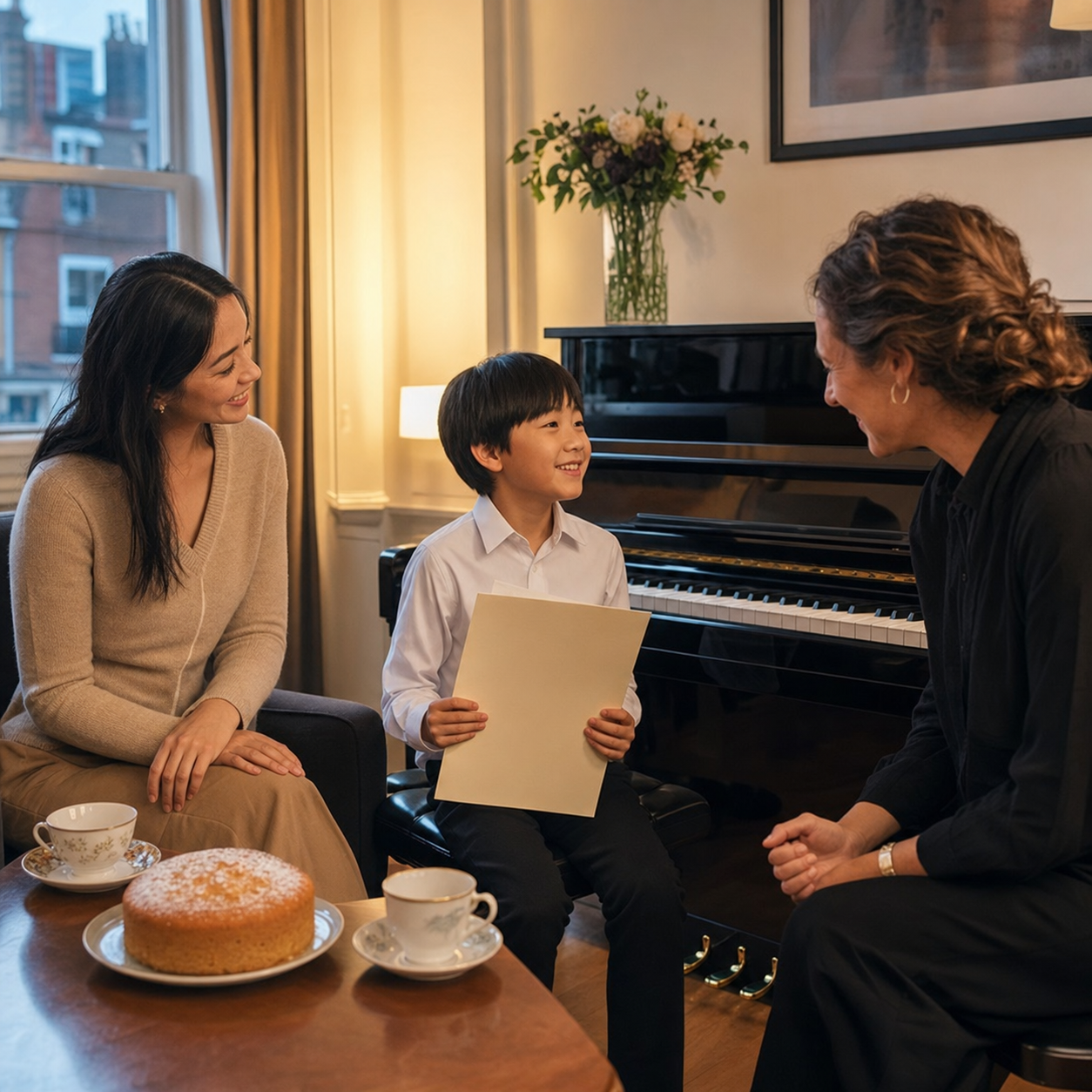 Child, parent and teacher celebrating musical progress after exam results