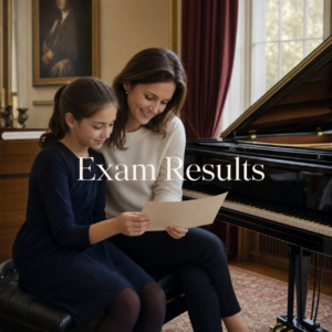 ABRSM exam results parent and young pianist reading a result together