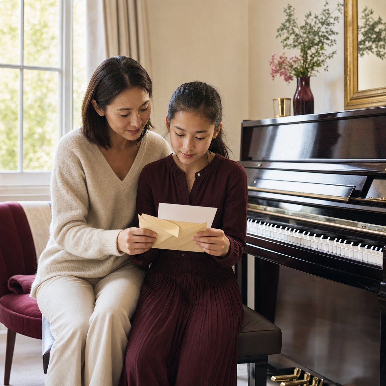 Parent and child opening a piano exam result beside an upright piano