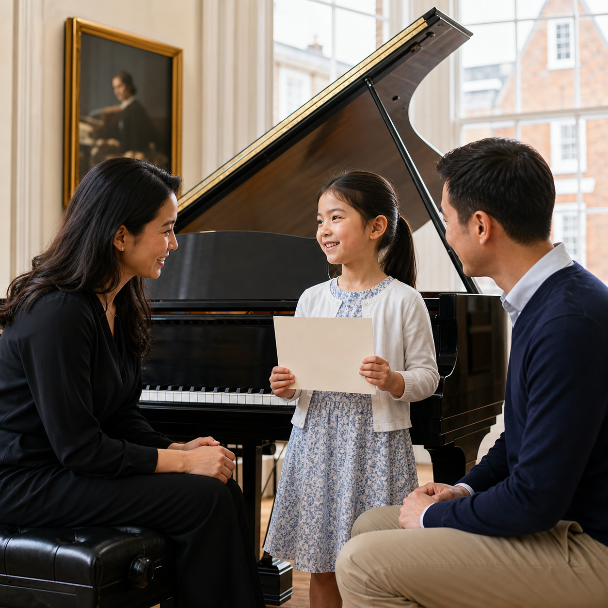 young piano pupil receiving positive encouragement after a first musical assessment