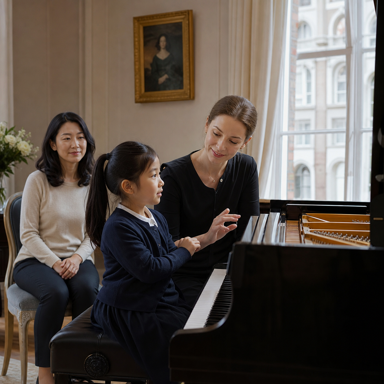 child showing piano readiness with teacher and parent before ABRSM Prep Test