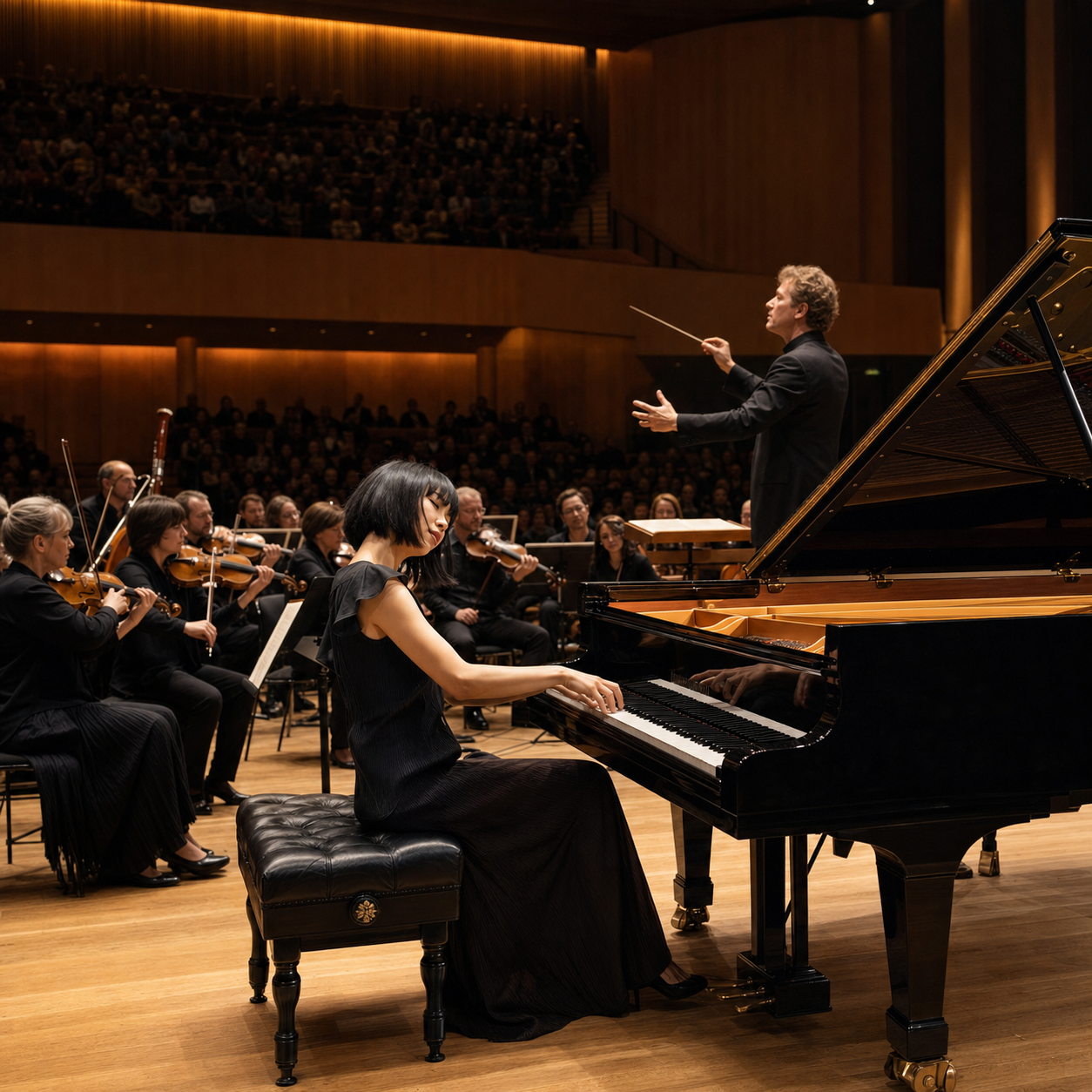 Alice Sara Ott performing Beethoven with an orchestra in a London concert hall