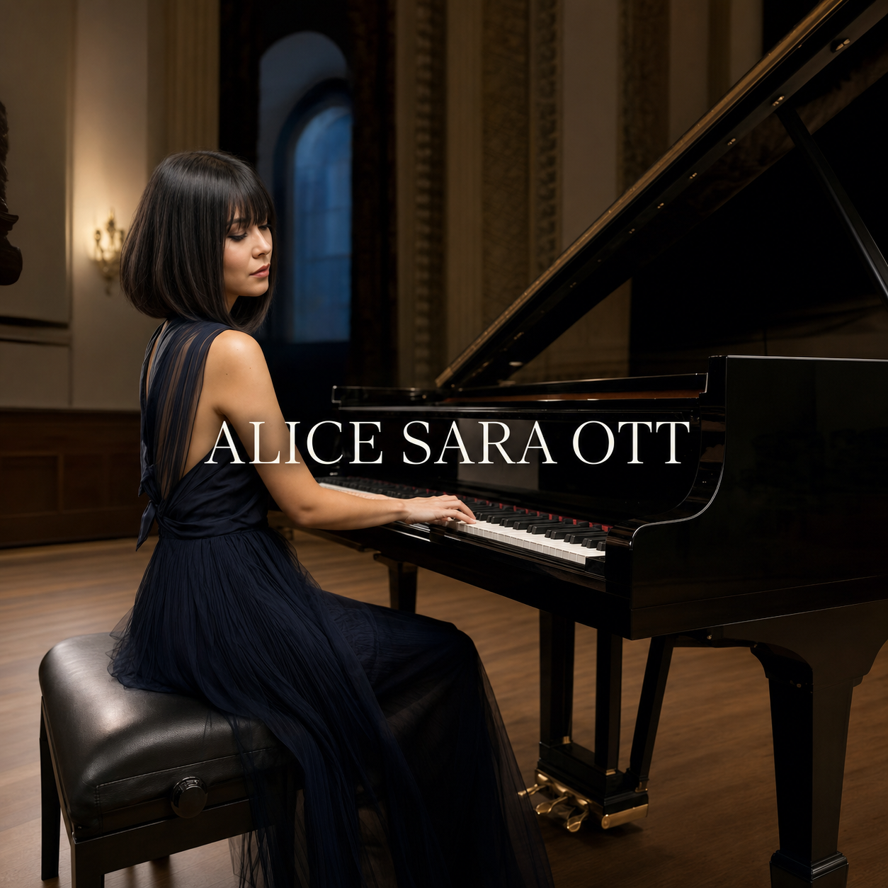 Alice Sara Ott beside a concert grand piano in a refined London recital hall