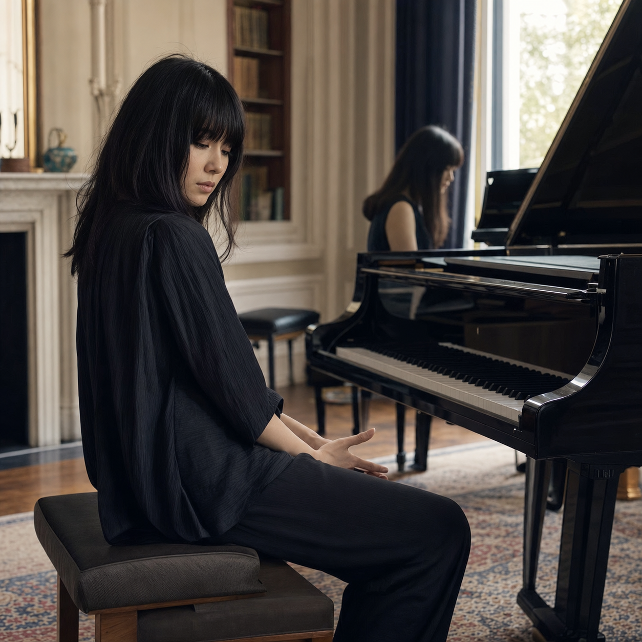 Adult pianist listening reflectively beside a concert grand piano in London