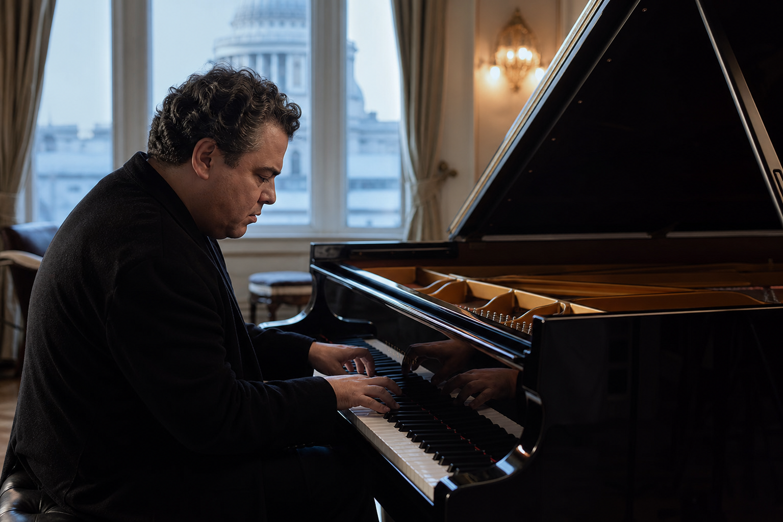Arcadi Volodos biography and artistic ascent represented by a pianist at a London grand piano