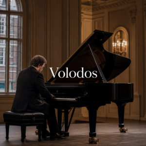 Arcadi Volodos in London article hero image with centred Volodos title at a grand piano