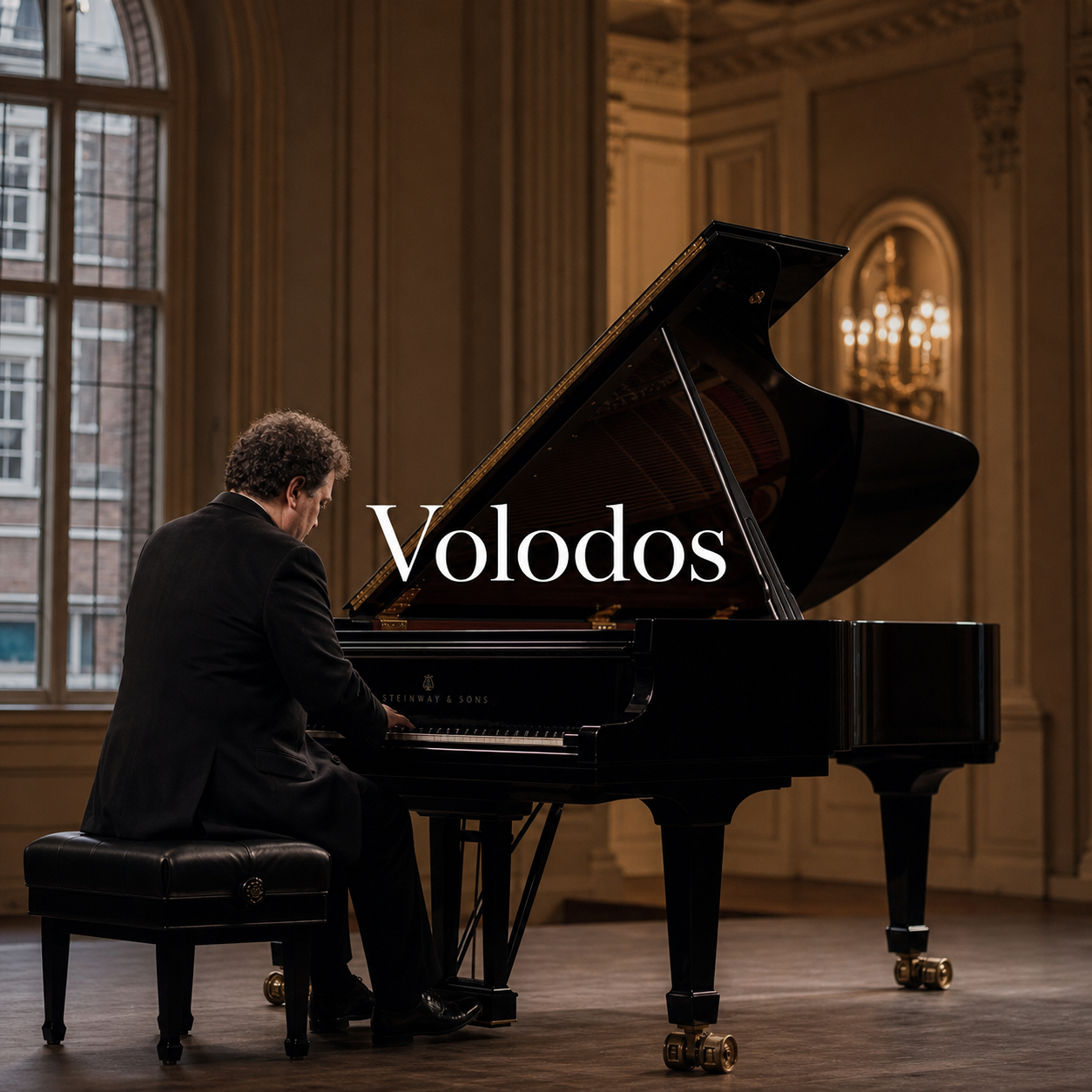 Arcadi Volodos in London article hero image with centred Volodos title at a grand piano