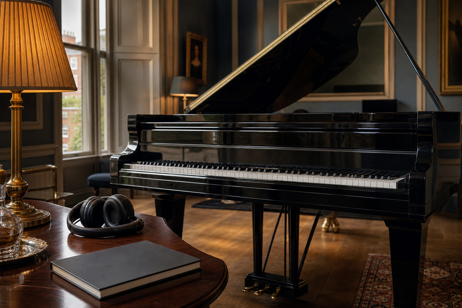 Arcadi Volodos recordings and serious listening guide beside a London grand piano