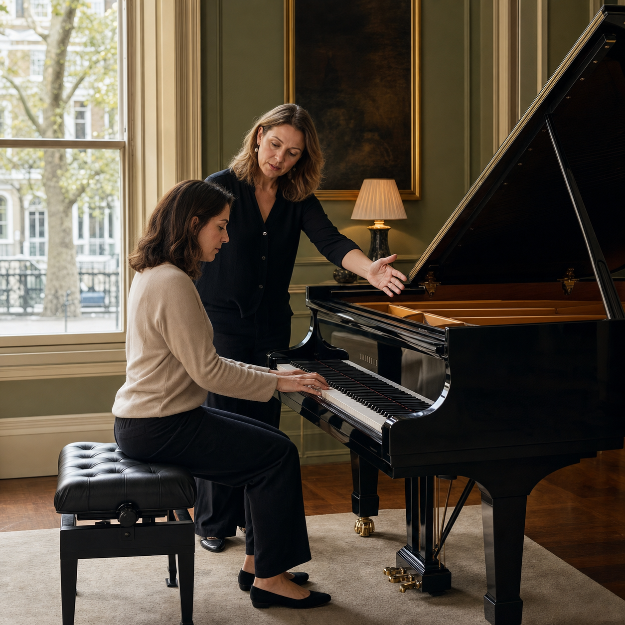 Adult pianist studying voicing and structure in a London piano lesson