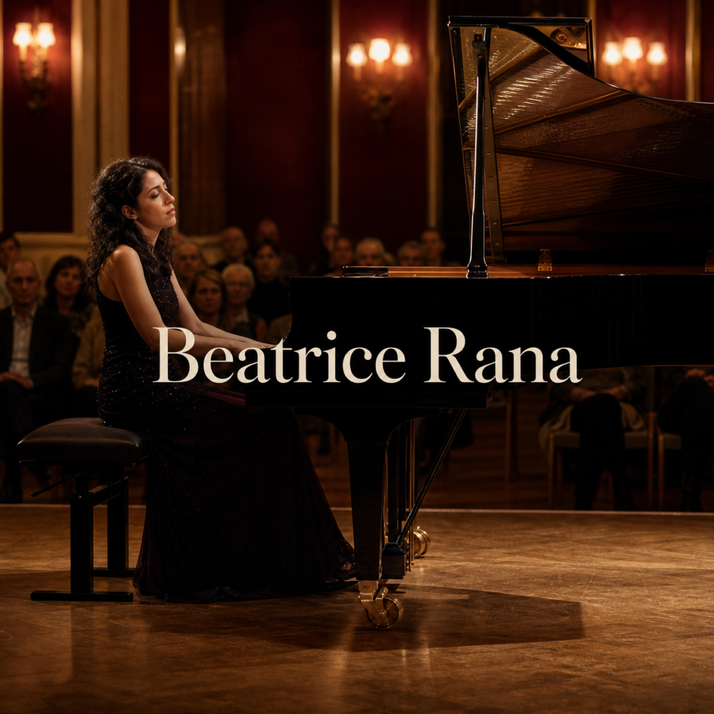 Beatrice Rana at a grand piano in an intimate London recital hall