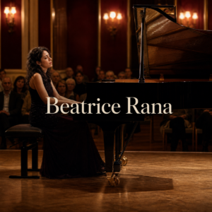 Beatrice Rana at a grand piano in an intimate London recital hall