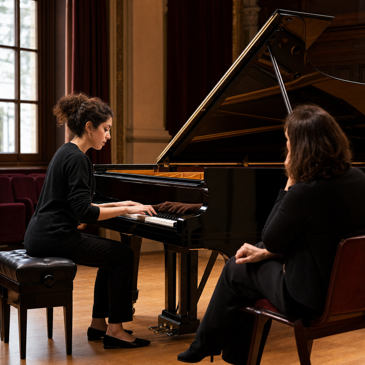 Beatrice Rana rehearsing piano structure with an attentive listener