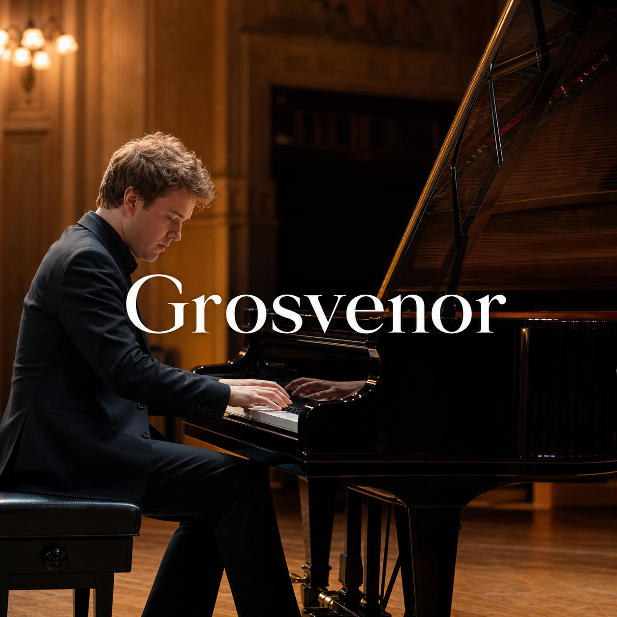 Benjamin Grosvenor article hero with centred Grosvenor title at a London recital grand piano