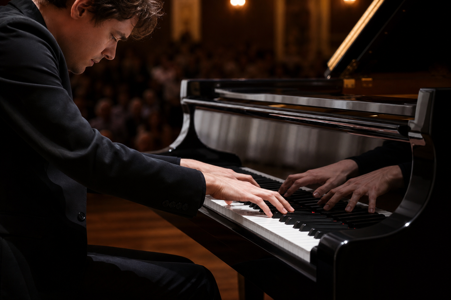 Pianist hands at a concert grand evoking Benjamin Grosvenor clarity colour and voicing
