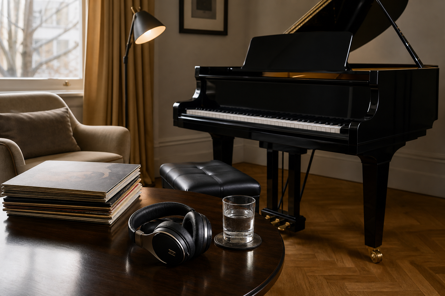 Listening table beside a grand piano for Benjamin Grosvenor recordings and serious piano listening
